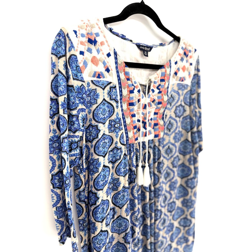 Lucky Brand Peasant Top Embroidered Medallion 2X Blue Boho Tassel Tunic - Picture 2 of 7